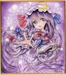  1girl book crescent dated dress hair_ribbon hat long_hair looking_at_viewer mob_cap mosho open_book open_mouth outstretched_hand patchouli_knowledge purple_dress purple_hair ribbon signature solo striped striped_dress touhou traditional_media tress_ribbon very_long_hair violet_eyes 