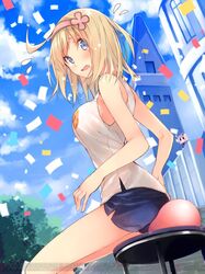  1girl ahoge balloon blonde_hair blue_eyes blush breasts chibi clouds cloudy_sky confetti cosette_coalhearth gym_uniform hairband kuwashima_rein looking_back open_mouth senjou_no_valkyria senjou_no_valkyria_2 shirt short_hair shorts sitting sky stool sweatdrop 