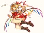  1girl ascot blonde_hair blush boots cross-laced_footwear fangs flandre_scarlet freeze-ex hat lace-up_boots looking_at_viewer marker_(medium) open_mouth red_eyes side_ponytail simple_background skirt smile solo thigh-highs touhou traditional_media white_legwear wings wrist_cuffs 