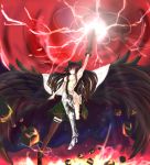  1girl arm_cannon arm_up bangs black_boots black_hair black_legwear black_wings boots bow breasts cape embers energy feathered_wings fire flying frilled_skirt frills garter_straps green_skirt hair_bow highres homo_1121 large_wings leg_lift leg_up long_hair looking_up metal_boots mismatched_footwear mismatched_legwear molten_rock puffy_short_sleeves puffy_sleeves reiuji_utsuho revision rock shiny shiny_hair shirt short_sleeves skirt smoke solo space taut_clothes taut_shirt thigh-highs thighs third_eye touhou very_long_hair weapon white_shirt wings 