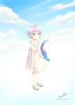  1girl bare_shoulders brown_eyes child dress hair_ribbon hat highres purple_hair ribbon sandals short_hair sky snonfield solo 