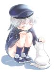  1girl ^_^ beret blue_legwear blush cat closed_eyes clothes_writing hair_ribbon hat kantai_collection long_sleeves no_pants open_mouth petting ribbon sailor_collar sailor_dress sailor_hat shoes short_hair smile socks squatting twitter_username white_hair z1_leberecht_maass_(kantai_collection) zinnrikisya 