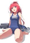  1girl ahoge arm_support bare_legs bare_shoulders barefoot blush breasts hair_ribbon i-168_(kantai_collection) kantai_collection long_hair one-piece_swimsuit open_mouth ponytail red_eyes redhead ribbon sailor_collar school_swimsuit sitting smile solo swimsuit touboku undressing wariza 