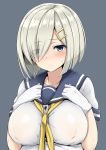  1girl blue_eyes blush breast_suppress breasts eyes_visible_through_hair gloves hair_ornament hair_over_one_eye hairclip hamakaze_(kantai_collection) kantai_collection large_breasts mitsukazu_(nijigen_complex) school_uniform serafuku short_hair silver_hair solo sweat upper_body white_gloves 