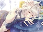  animal_ears fox_ears hand_on_another&#039;s_head head_out_of_frame japanese_clothes kogitsunemaru lap_pillow long_hair male_focus nipponia_nippon parted_lips red_eyes sleeveless solo_focus touken_ranbu 