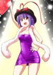  1girl arm_up bare_arms breasts cleavage collarbone dress fan hand_on_hip hat hat_ribbon kousei_(public_planet) looking_at_viewer nagae_iku open_mouth purple_dress purple_hair red_eyes ribbon saturday_night_fever shawl short_dress smile solo stage_lights strapless_dress touhou 