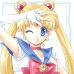  1girl bishoujo_senshi_sailor_moon blonde_hair blue_eyes bow brooch choker circlet crescent double_bun earrings gloves hair_ornament jewelry lowres one_eye_closed red_bow sailor_collar sailor_moon shirataki_kaiseki smile solo tsukino_usagi twintails upper_body v white_gloves 