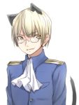  1boy ascot blonde_hair commentary epaulettes genderswap glasses hatsumi_nekuta perrine_h_clostermann short_hair simple_background smirk solo strike_witches tail uniform upper_body white_background yellow_eyes 