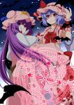  2girls bat bat_wings blue_hair capelet coat crescent dress eichi_yuu fang hat hat_ribbon highres long_hair long_sleeves looking_at_viewer magic_circle mob_cap multiple_girls open_clothes open_coat patchouli_knowledge pink_dress puffy_short_sleeves puffy_sleeves purple_hair red_eyes remilia_scarlet ribbon short_sleeves smile touhou very_long_hair wide_sleeves wings wrist_cuffs 