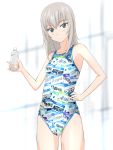  1girl blue_eyes bottle competition_swimsuit girls_und_panzer highres itsumi_erika one-piece_swimsuit short_hair silver_hair standing swimsuit takafumi 