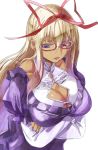  1girl bespectacled blonde_hair breast_hold breasts cleavage_cutout crossed_arms glasses grin hair_ribbon large_breasts long_hair red-framed_glasses ribbon smile solo touhou violet_eyes yakumo_yukari yohane 