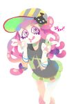  1girl 3d_rod! artist_name baseball_cap black_shirt bracelet double_v drooling eyelashes fish_hair_ornament glenna_nalira green_eyes green_skirt hair_ornament hat highres jewelry long_hair miniskirt no_nose open_mouth pink_hair pleated_skirt saliva shirt simple_background skirt smile solo splatoon striped striped_hat tentacles v white_background 