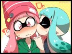  !? /\/\/\ 2girls badge beanie black_border blue_hair blush border button_badge cheek_kiss closed_eyes domino_mask eromame eyebrows_visible_through_hair fang hand_on_another&#039;s_shoulder hat hoodie inkling kiss long_hair mask multiple_girls nose_blush pink_eyes pink_hair pointy_ears splatoon surprised sweat tentacle_hair twitter_username yuri zipper 