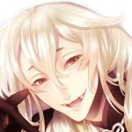  1boy black_gloves face fangs gloves hood kogitsunemaru long_hair looking_at_viewer male_focus nipponia_nippon open_mouth red_eyes solo touken_ranbu 