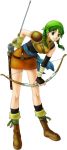  1girl arrow asymmetrical_gloves bandaged_arm bandages black_legwear boots bow_(weapon) closed_mouth female fire_emblem fire_emblem:_rekka_no_ken full_body gloves green_bandana green_eyes green_hair hand_on_hip holding holding_bow_(weapon) holding_weapon izuka_daisuke looking_at_viewer official_art rebecca_(fire_emblem) simple_background single_elbow_glove single_fingerless_glove smile solo spaulders twintails white_background 