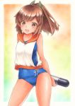  1girl bare_arms brown_hair dark_skin funnyfunny hair_ornament i-401_(kantai_collection) kantai_collection looking_at_viewer marker_(medium) no_pants open_mouth ponytail school_swimsuit school_uniform serafuku shirt sleeveless sleeveless_shirt smile solo swimsuit swimsuit_under_clothes torpedo traditional_media 