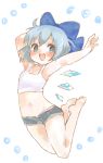  :d arms_up blue_eyes blue_hair blush bow cirno crop_top hair_bow happy ice ice_wings jumping large_bow navel open_mouth rattorun short_shorts shorts smile touhou wings 