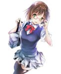  1girl adjusting_glasses bag bow brown_hair brown_legwear glasses green_eyes idolmaster idolmaster_cinderella_girls kikurage_(plastic_people) looking_at_viewer maekawa_miku open_mouth red-framed_glasses shirt shoulder_bag skirt smile solo thigh-highs vest zettai_ryouiki 