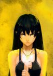  1girl absurdres bare_shoulders black_hair frown highres jewelry long_hair looking_at_viewer okuto original pendant solo yellow yellow_eyes 
