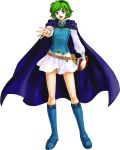  1girl belt belt_pouch blue_eyes blue_footwear book boots cape female fire_emblem fire_emblem:_rekka_no_ken full_body green_hair hairband holding holding_book izuka_daisuke knee_boots long_sleeves looking_at_viewer nino_(fire_emblem) official_art open_mouth outstretched_arm short_hair simple_background skirt smile solo standing white_background white_skirt 