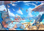  ! 12cat 3girls beach beach_umbrella blonde_hair blue_eyes blue_hair blue_sky breasts chain chair china_dress chinese_clothes clouds detached_sleeves folding_chair glass green_eyes large_breasts mecha_musume multiple_girls ocean original personification redhead single_thighhigh sky spoken_exclamation_mark sunglasses_removed thigh-highs thigh_strap uss_colorado_(bb-45) uss_maryland_(bb-46) uss_west_virgina_(bb-48) zhan_jian_shao_nyu 