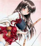  akagi_(kantai_collection) bow_(weapon) brown_eyes brown_hair japanese_clothes kantai_collection long_hair muneate ren_(endscape20) side_ponytail single_glove thigh-highs traditional_media weapon 