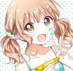  1girl :d alternate_hairstyle blonde_hair brown_eyes casual collarbone fang hair_ornament hairclip looking_at_viewer marker marking_on_cheek namori oomuro_sakurako open_mouth polka_dot polka_dot_background scrunchie smile solo twintails yuru_yuri 