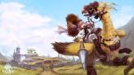  1girl blonde_hair blue_sky bridle castle chocobo clouds copyright_name final_fantasy final_fantasy_xiv gate grass happy hat hat_removed headwear_removed highres lalafell lance pointy_ears polearm riding road saddle scenery sky solo straw_hat tree twintails wall weapon yuutou 