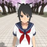  1girl black_eyes black_hair cat_ears lowres school school_uniform screencap yandere-chan yandere_simulator 