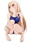 1girl 8_(9135445) barefoot blonde_hair blush brown_eyes competition_swimsuit doma_umaru himouto!_umaru-chan long_hair one-piece_swimsuit puffy_cheeks school_swimsuit solo swimsuit 