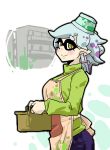  1girl apron earrings hotaru_(splatoon) jewelry mole mole_under_eye object_on_head older pot seki_(red_shine) short_hair silver_hair splatoon tentacle_hair yellow_eyes 