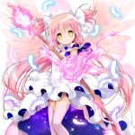  1girl bow bow_(weapon) dress feathers fire gloves goddess_madoka hair_bow hair_ribbon kaguyuzu kaname_madoka long_hair magic_circle magical_girl mahou_shoujo_madoka_magica official_art pink_fire pink_hair pink_wings ribbon smile starry_sky_print thigh-highs transparent_background twintails two_side_up weapon wings yellow_eyes 