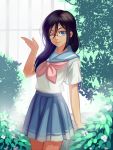  1girl black_hair blue_eyes douyougen glasses greenhouse hibike!_euphonium long_hair one_eye_closed plant red-framed_glasses school_uniform tanaka_asuka 