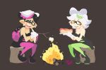  &gt;_o +_+ 2girls 3d_rod! aori_(splatoon) artist_name black_dress campfire detached_collar domino_mask dress fangs fire food food_on_head green_legwear holding hot_dog hotaru_(splatoon) ketchup log long_hair marshmallow mask multiple_girls mustard object_on_head one_eye_closed pantyhose purple_legwear short_hair silver_hair sitting splatoon stick strapless_dress sushi symbol-shaped_pupils tan tentacle_hair tree_stump unitard yellow_eyes 