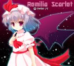  15_(tooka) 1girl ascot bat_wings blue_hair bow character_name hat hat_bow mob_cap red_eyes remilia_scarlet solo touhou twitter_username wings 
