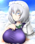  1girl absurdres blue_eyes blush braid breasts clouds giantess highres izayoi_sakuya maid maid_headdress neva short_hair silver_hair solo touhou twin_braids 