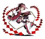  1girl bare_shoulders black_legwear boots bow chain detached_sleeves divine_gate hair_bow long_hair magical_girl mahou_shoujo_madoka_magica mouth_hold official_art pocky polearm ponytail red_eyes redhead sakura_kyouko smile spear thigh-highs transparent_background weapon 