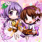  2girls biwa_lute brown_eyes brown_hair chibi dress flower hair_flower hair_ornament hairband instrument koto_(instrument) long_hair long_sleeves lute_(instrument) mitsu_(kuromitu-izumi) multiple_girls musical_note open_mouth purple_hair short_hair siblings sisters skirt smile touhou tsukumo_benben tsukumo_yatsuhashi twintails violet_eyes 