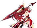  1girl armor armored_dress back black_legwear elbow_gloves elesis_(elsword) elsword gloves grand_master_(elsword) half_updo highres huge_weapon long_hair official_art red_eyes redhead ress skirt solo sword thigh-highs very_long_hair weapon white_gloves 