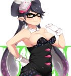  1girl aori_(splatoon) black_hair breasts cleavage detached_collar earrings fang food food_on_head gloves hand_on_hip highres jewelry long_hair mask moisture_(chichi) mole mole_under_eye object_on_head pointy_ears short_hair simple_background smile solo splatoon tentacle_hair white_background 