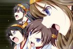  4girls bare_shoulders black_hair blue_eyes brown_hair glasses hairband haruna_(kantai_collection) hiei_(kantai_collection) kantai_collection kirishima_(kantai_collection) kongou_(kantai_collection) long_hair multiple_girls nishi_koutarou nontraditional_miko open_mouth pink_eyes short_hair upper_body vector_trace 