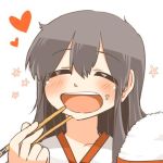  1girl akagi_(kantai_collection) bowl brown_hair chopsticks closed_eyes flower food food_on_face happy hear kantai_collection long_hair lowres open_mouth rebecca_(keinelove) rice rice_bowl smile 