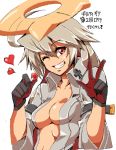  1girl ;d ahoge breasts candy cleavage gloves grin guilty_gear guilty_gear_xrd jack-o_(guilty_gear) lollipop midriff navel one_eye_closed open_mouth red_eyes shirorenge_(huruhuru) silver_hair smile solo upper_body w 