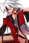  alpha-01 armpits bare_shoulders blazblue covered_navel eyepatch glowing glowing_eye green_eyes hyakuhachi_(over3) silver_hair 