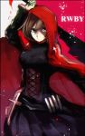  1girl brown_hair copyright_name grey_eyes highres hooded lolita_fashion red_hood ruby_rose rwby short_hair solo tarbo_(exxxpiation) weapon 