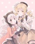  2girls animal_ears beanie beret blonde_hair brown_legwear bubble_skirt capelet corset detached_sleeves drawr drill_hair fake_animal_ears feather_beret fingerless_gloves fur_trim gloves hair_ornament hairpin hat johnny_(nana) long_hair magical_girl mahou_shoujo_madoka_magica mahou_shoujo_madoka_magica_movie momoe_nagisa multicolored_eyes multiple_girls pleated_skirt polka_dot polka_dot_background pom_pom_(clothes) puffy_sleeves ringed_eyes skirt smile suspenders tomoe_mami twin_drills twintails two_side_up white_hair wrapped_candy yellow_eyes 