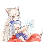  2girls blue_dress blue_hair bow cirno drawr dress fujiwara_no_mokou hair_bow hair_ribbon ice long_hair multiple_girls pants red_eyes ribbon short_hair sitting sitting_on_lap sitting_on_person suspenders touhou white_hair yoplait 