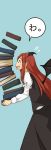 1girl absurdres blush book book_stack chii-kun_(seedyoulater) flying_sweatdrops head_wings highres koakuma long_hair long_sleeves open_mouth pointy_ears puffy_long_sleeves puffy_sleeves redhead simple_background solo touhou wings 