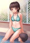  1boy 1girl bikini black_hair brown_eyes nishizawa original ponytail poolside short_hair sitting swimsuit 