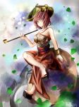  1girl bell blowing_smoke bracelet breasts brown_hair brown_skirt cleavage dated futatsuiwa_mamizou glasses hat highres houdukixx jewelry looking_at_viewer one_eye_closed pince-nez raccoon_tail short_hair sitting skirt smoke smoking smoking_pipe tagme tail touhou 